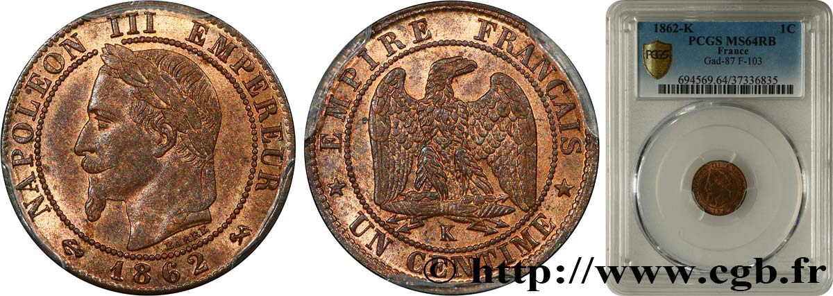 Un centime Napoléon III, tête laurée 1862 Bordeaux F.103/7 SC64 PCGS