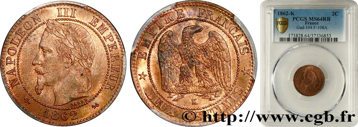 Deux centimes Napoléon III, tête laurée 1862 Bordeaux F.108A/7 SPL64 PCGS