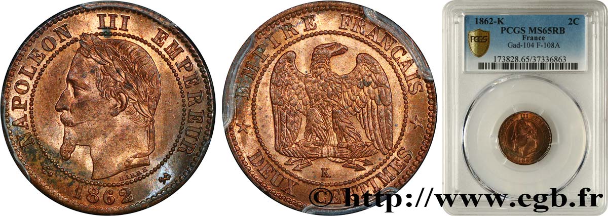 Deux centimes Napoléon III, tête laurée 1862 Bordeaux F.108A/7 MS65 PCGS