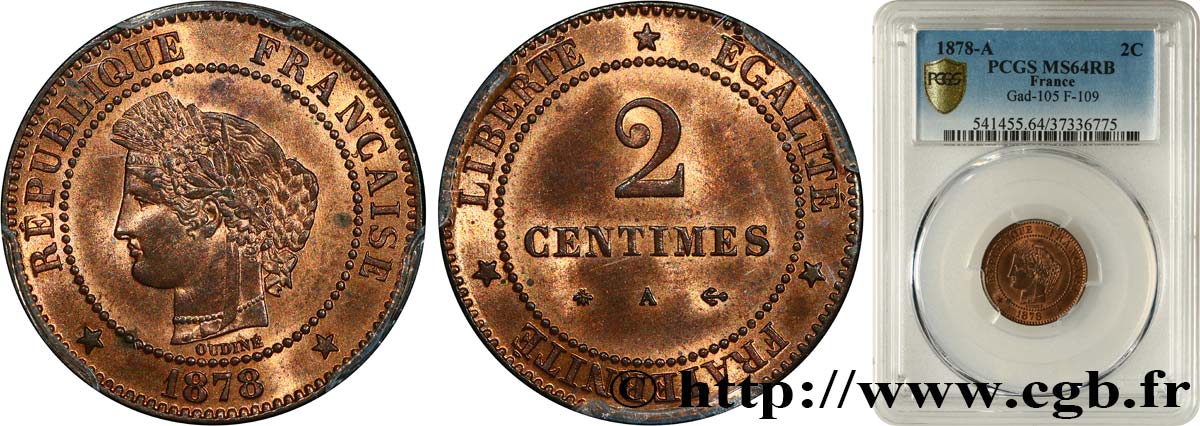 2 centimes Cérès 1878 Paris F.109/3 MS64 PCGS