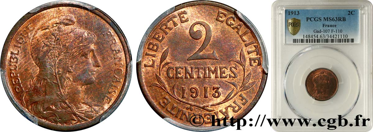 2 centimes Daniel-Dupuis 1913 Paris F.110/16 fST63 PCGS