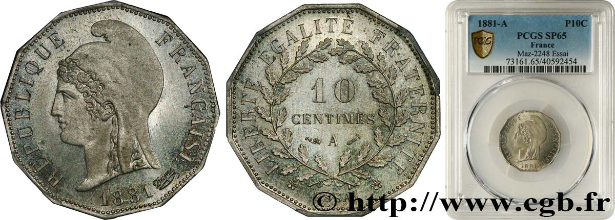 Essai de 10 centimes d’après Dupré, sur flan dodécagonal 1881 Paris GEM.26 1 FDC65 PCGS