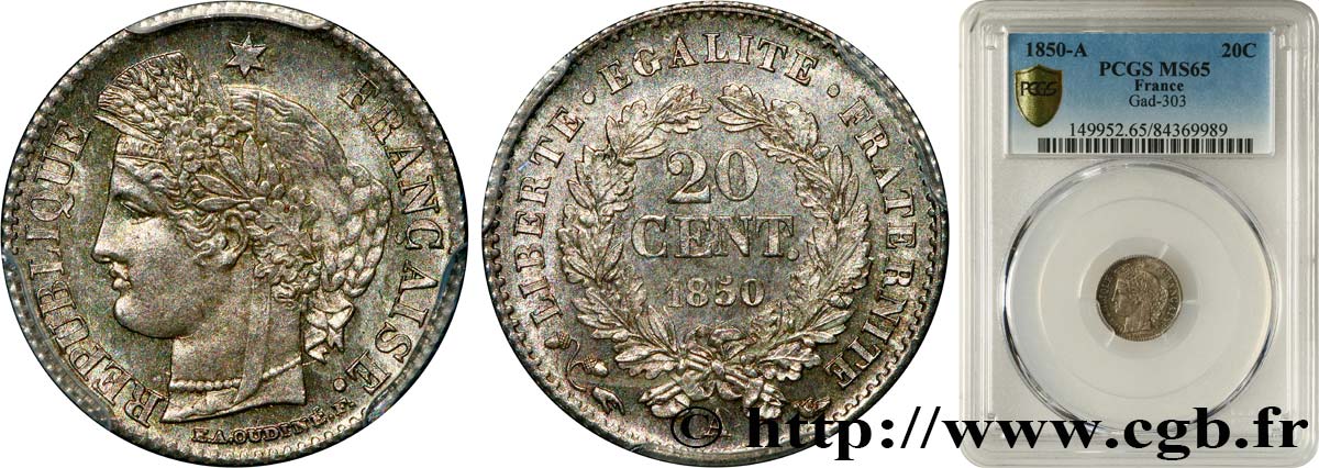 20 centimes Cérès, IIe République 1850 Paris F.146/2 FDC65 PCGS