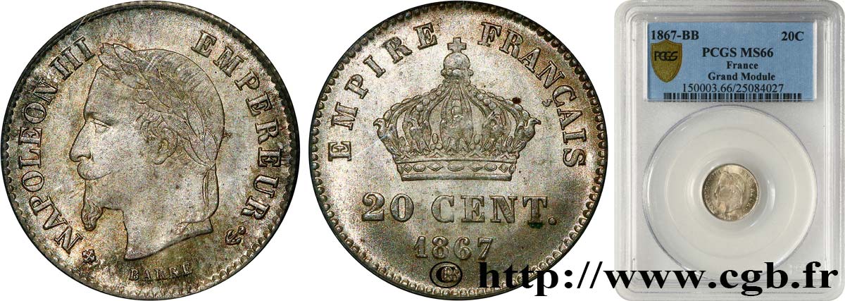 20 centimes Napoléon III, tête laurée, grand module 1867 Strasbourg F.150/2 FDC66 PCGS