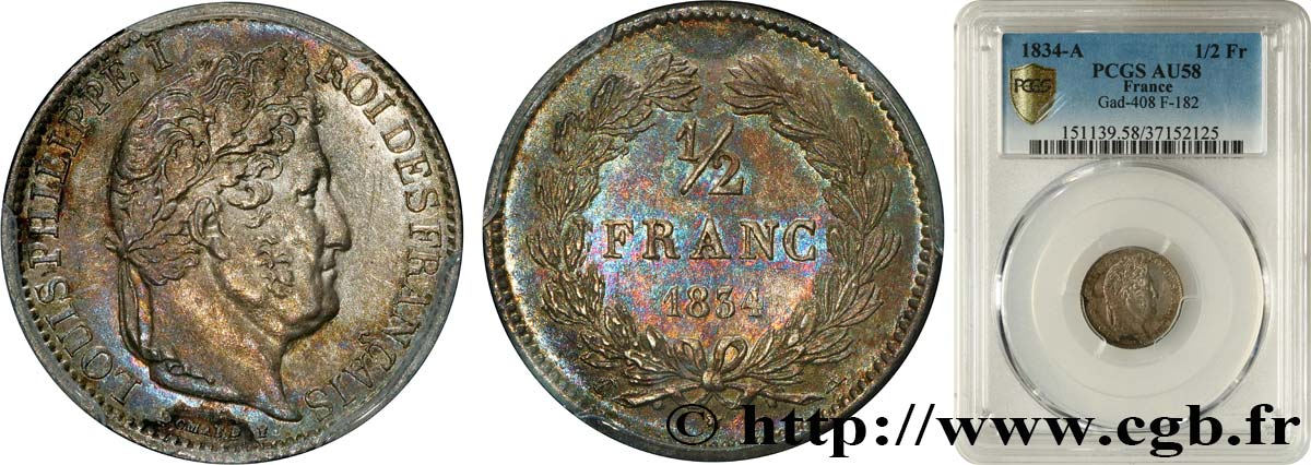 1/2 franc Louis-Philippe 1834 Paris F.182/40 SPL58 PCGS