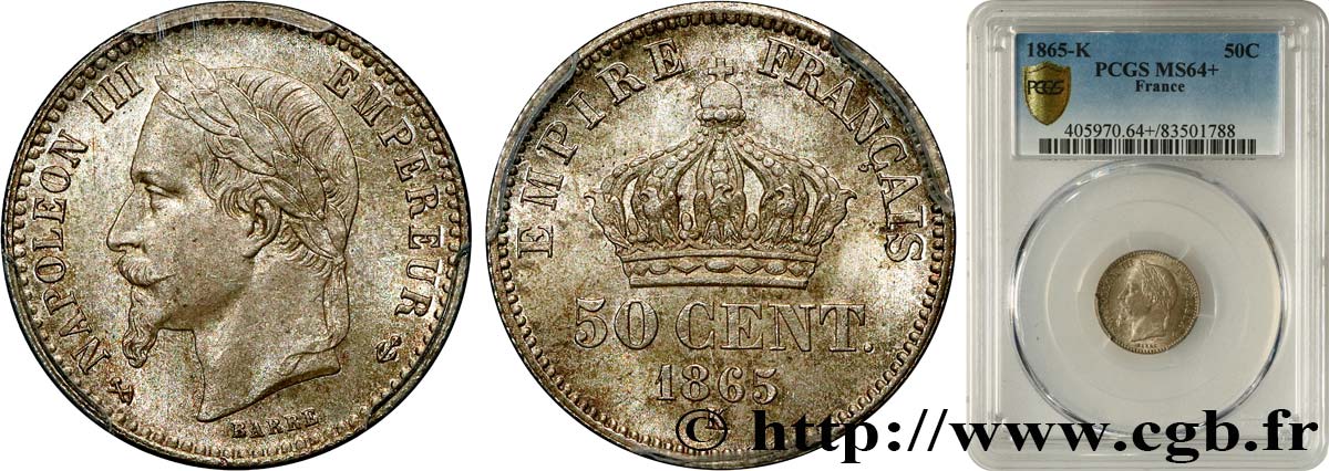 50 centimes Napoléon III, tête laurée 1865 Bordeaux F.188/8 SPL64 PCGS