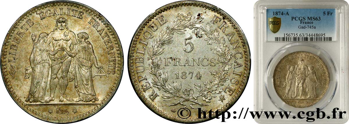 5 francs Hercule 1874 Paris F.334/12 MS63 PCGS