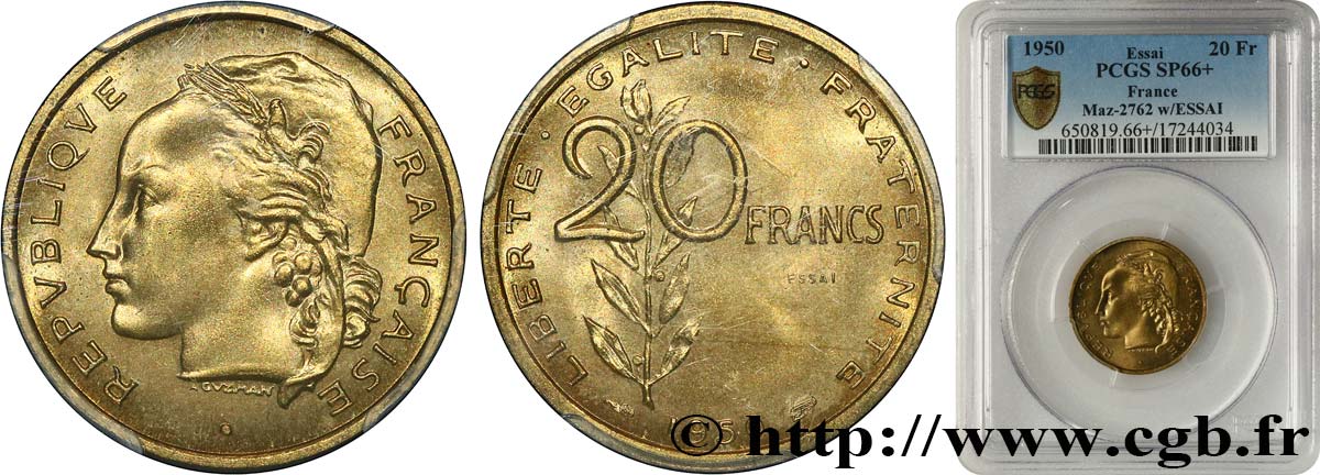 Essai du concours de 20 francs par Guzman 1950 Paris GEM.207 2 MS66 PCGS