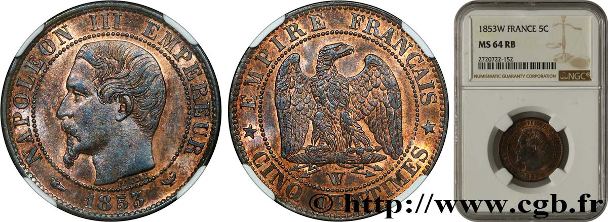 Cinq centimes Napoléon III, tête nue 1853 Lille F.116/7 SPL64 NGC