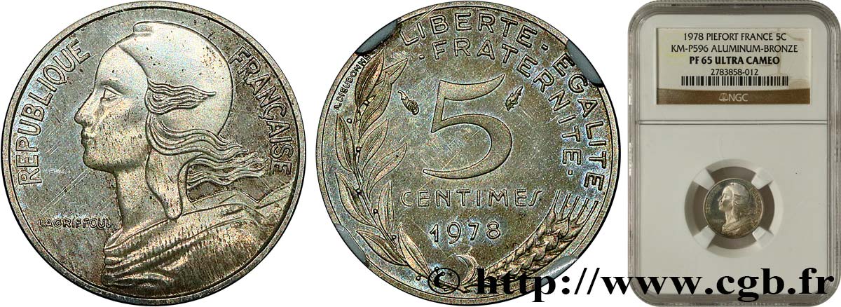 Piéfort argent de 5 centimes Marianne 1978 Paris F.125/14 P MS65 NGC