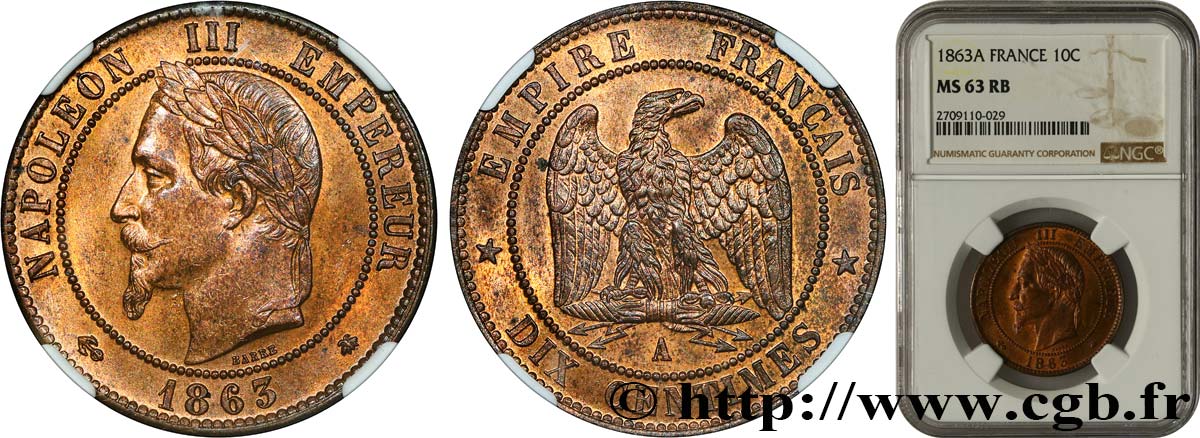 Dix centimes Napoléon III, tête laurée 1863 Paris F.134/10 SPL63 NGC