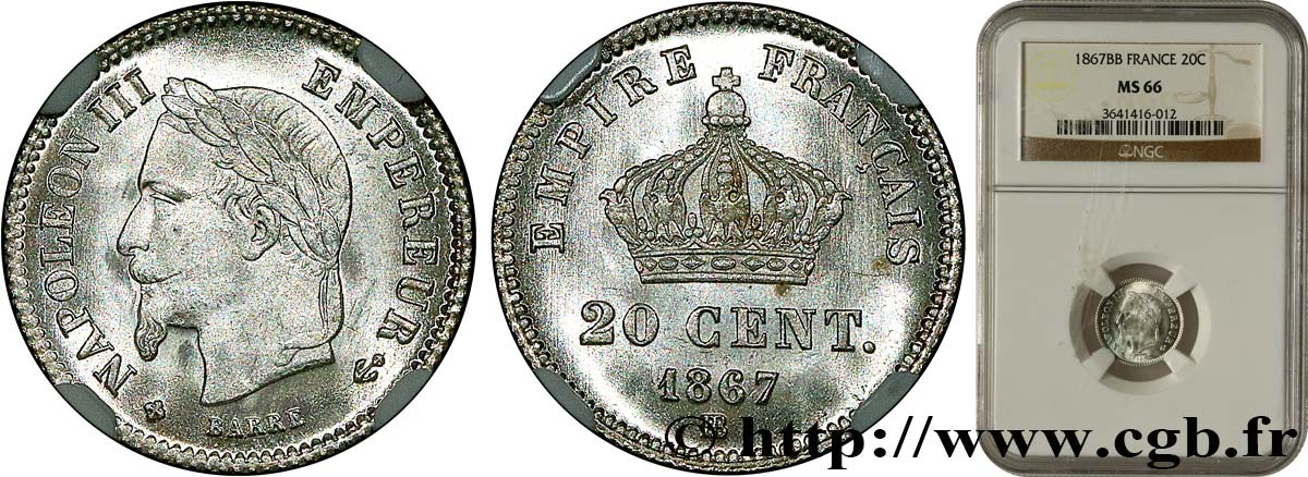 20 centimes Napoléon III, tête laurée, grand module 1867 Strasbourg F.150/2 MS66 NGC