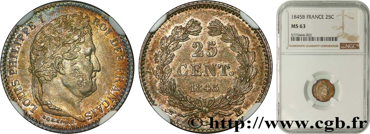 25 centimes Louis-Philippe 1845 Rouen F.167/1 SC63 NGC