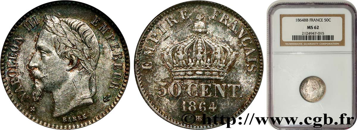 50 centimes Napoléon III, tête laurée 1864 Strasbourg F.188/3 VZ62 NGC