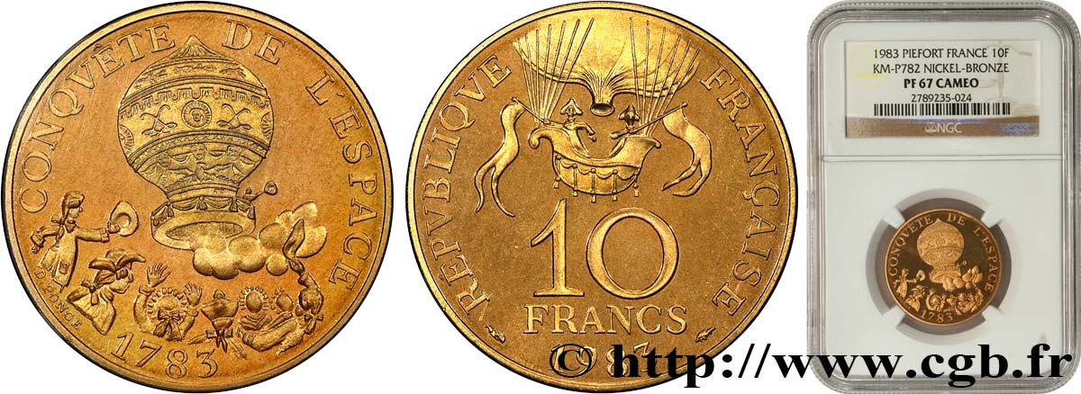 Piéfort Cu-Ni de 10 francs Conquête de l’Espace 1983  GEM.188 P1 MS67 NGC