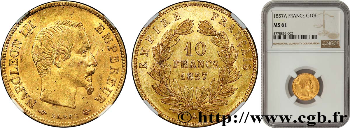 10 francs or Napoléon III, tête nue 1857 Paris F.506/4 MS61 NGC