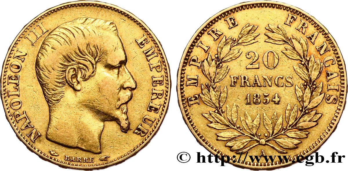 20 francs or Napoléon III, tête nue 1854 Paris F.531/2 BC+ 