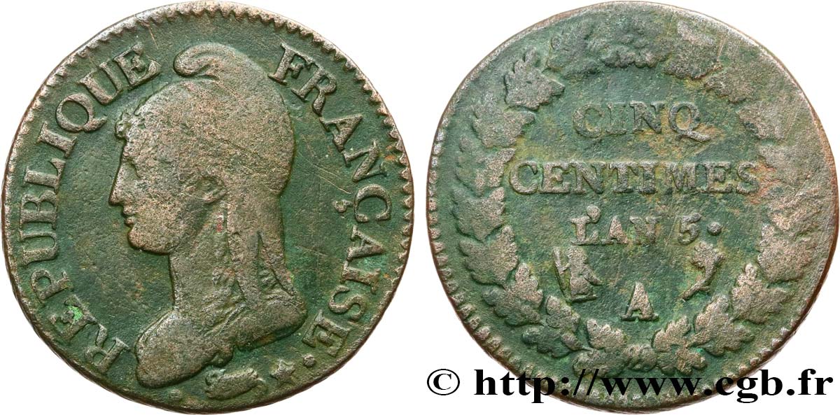 Cinq centimes Dupré, grand module 1797 Paris F.115/1 B+ 