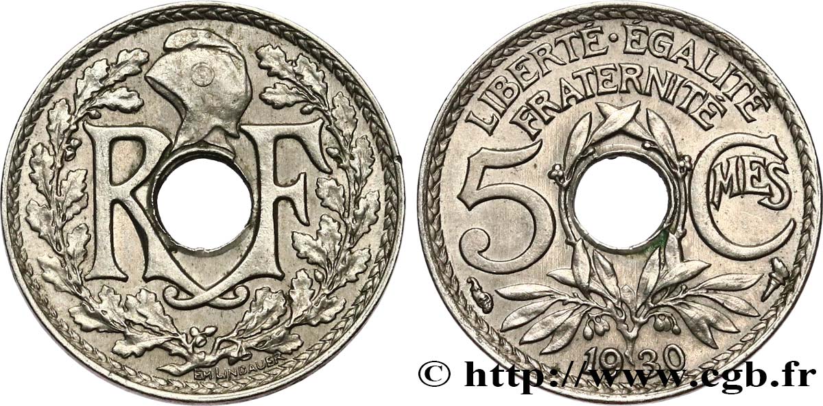 5 centimes Lindauer, petit module 1930  F.122/13 AU53 