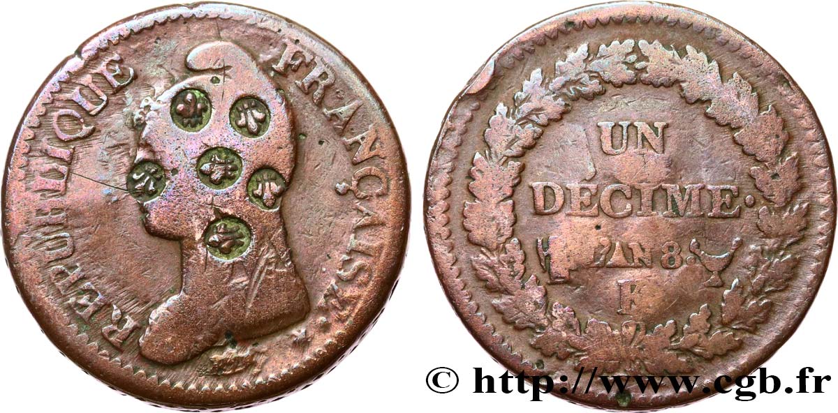 Un décime Dupré, grand module, contremarqué fleurs de lys 1800 Bordeaux F.129/70 var. VG 