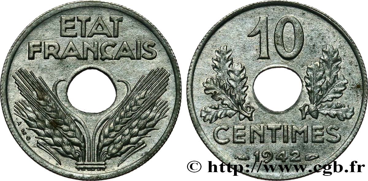 10 centimes État français, grand module 1942  F.141/4 SPL58 