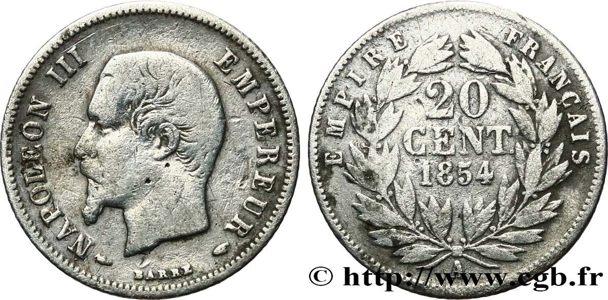 20 centimes Napoléon III, tête nue 1854 Paris F.148/2 VF 