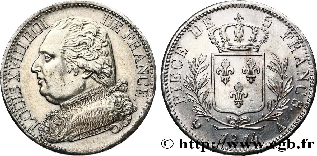 5 francs Louis XVIII, buste habillé 1814 Paris F.308/1 VZ+ 