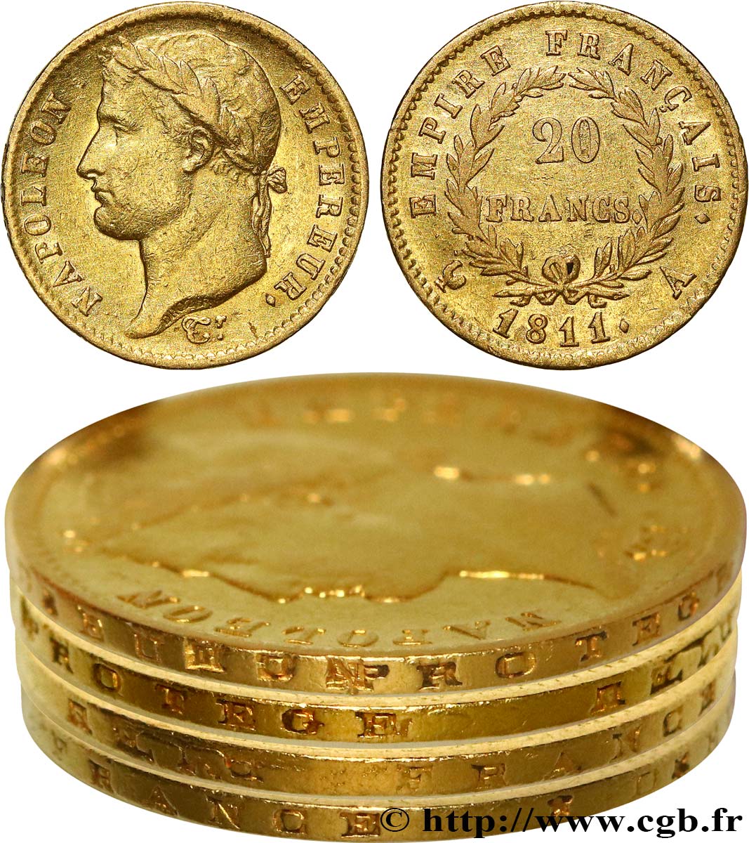 20 francs or Napoléon, tête laurée, Empire français, Tranche Fautée 1811 Paris F.516/16 MBC 