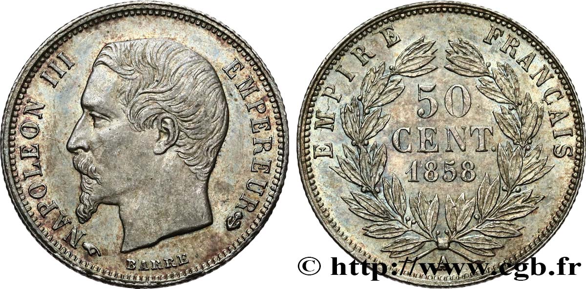 50 centimes Napoléon III, tête nue 1858 Paris F.187/9 VZ62 