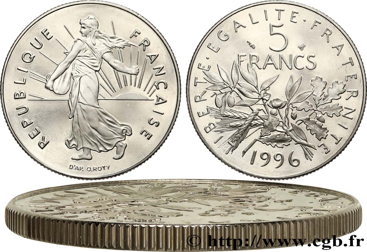 5 francs Semeuse, nickel, BE (Belle Épreuve), tranche striée 1996 Pessac F.341/32 var. AU+ 