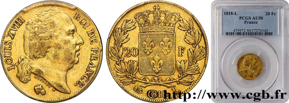 20 francs or Louis XVIII, tête nue 1818 Bayonne F.519/11 AU50 PCGS