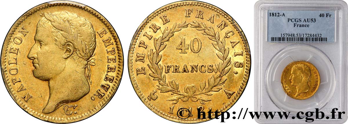 40 francs or Napoléon tête laurée, Empire français 1812 Paris F.541/9 SS53 PCGS