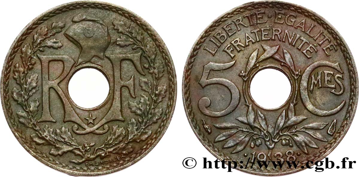 5 centimes Lindauer, maillechort, avec étoile 1938  F.123/1 MBC 