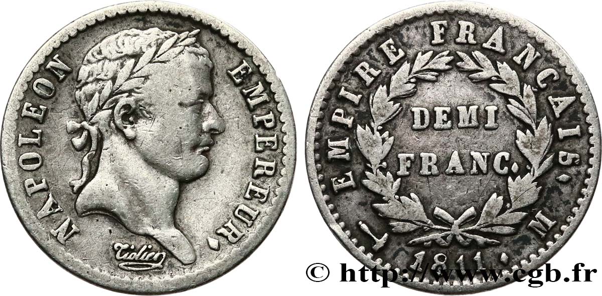 Demi-franc Napoléon Ier tête laurée, Empire français 1811 Toulouse F.178/29 MB35 