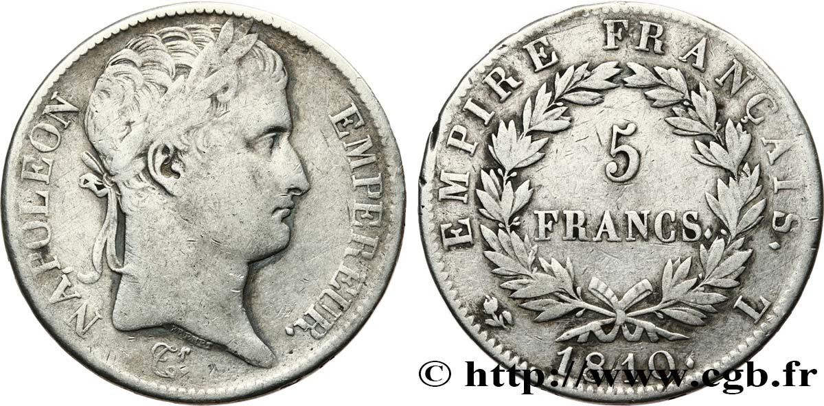 5 francs Napoléon empereur, Empire français 1810 Bayonne F.307/20 MB 