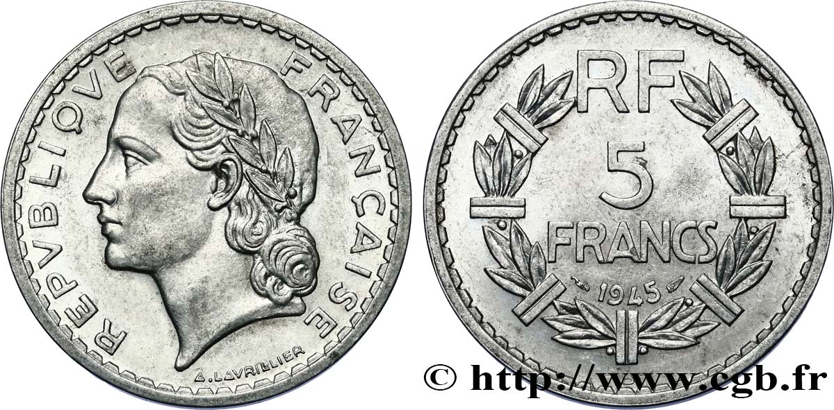 5 francs Lavrillier, aluminium 1945 Beaumont-Le-Roger F.339/4 EBC55 