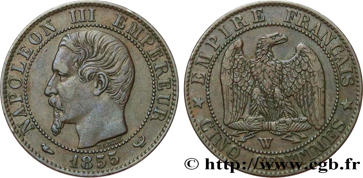 Cinq centimes Napoléon III, tête nue 1855 Lille F.116/28 TTB45 