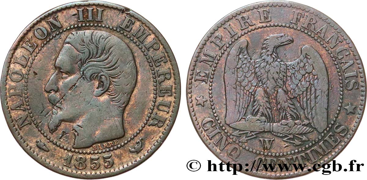 Cinq centimes Napoléon III, tête nue 1855 Lille F.116/28 q.MB 