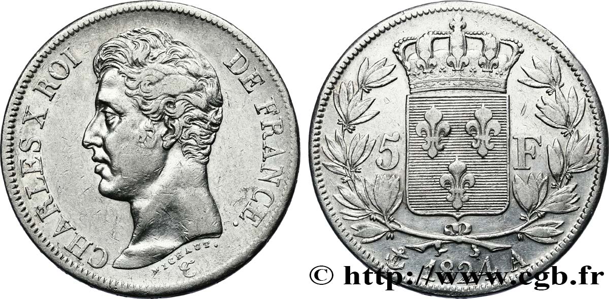 5 francs Charles X, 1er type 1824 Paris F.310/1 q.BB 