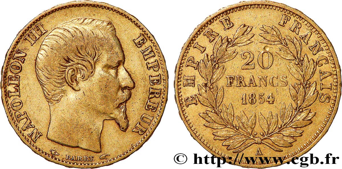20 francs or Napoléon III, tête nue 1854 Paris F.531/2 q.BB 