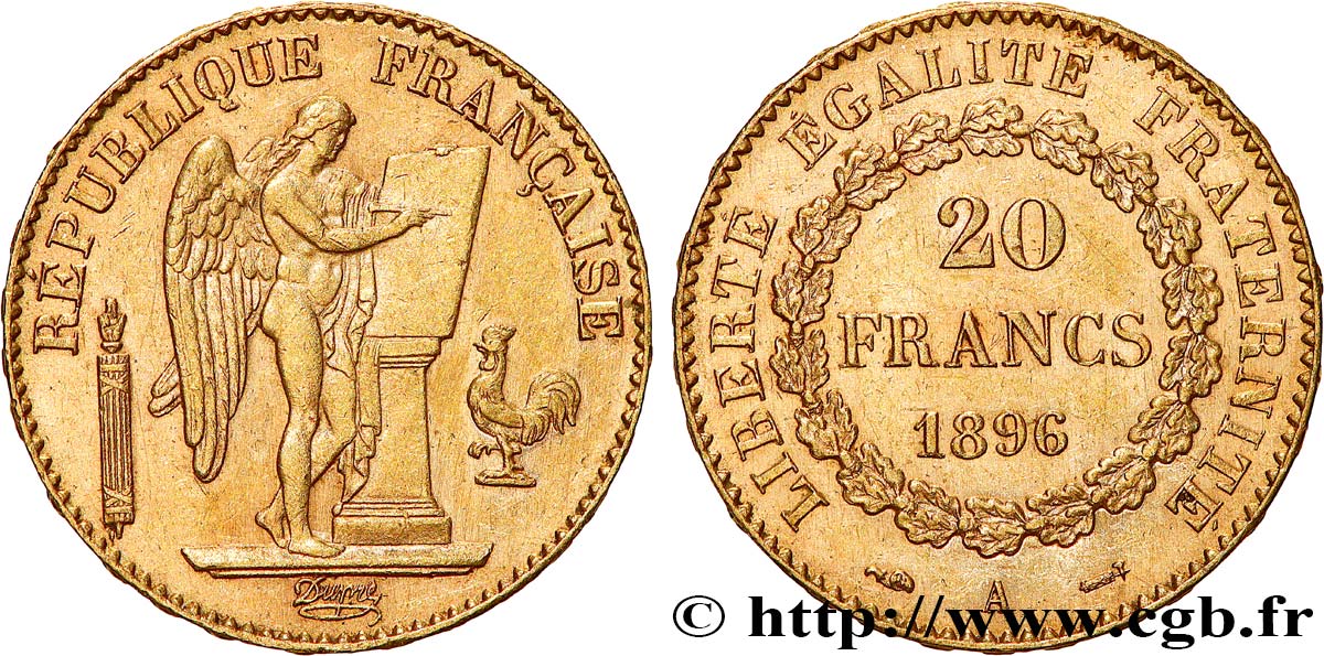 20 francs or Génie, Troisième République 1896 Paris F.533/20 MBC+ 