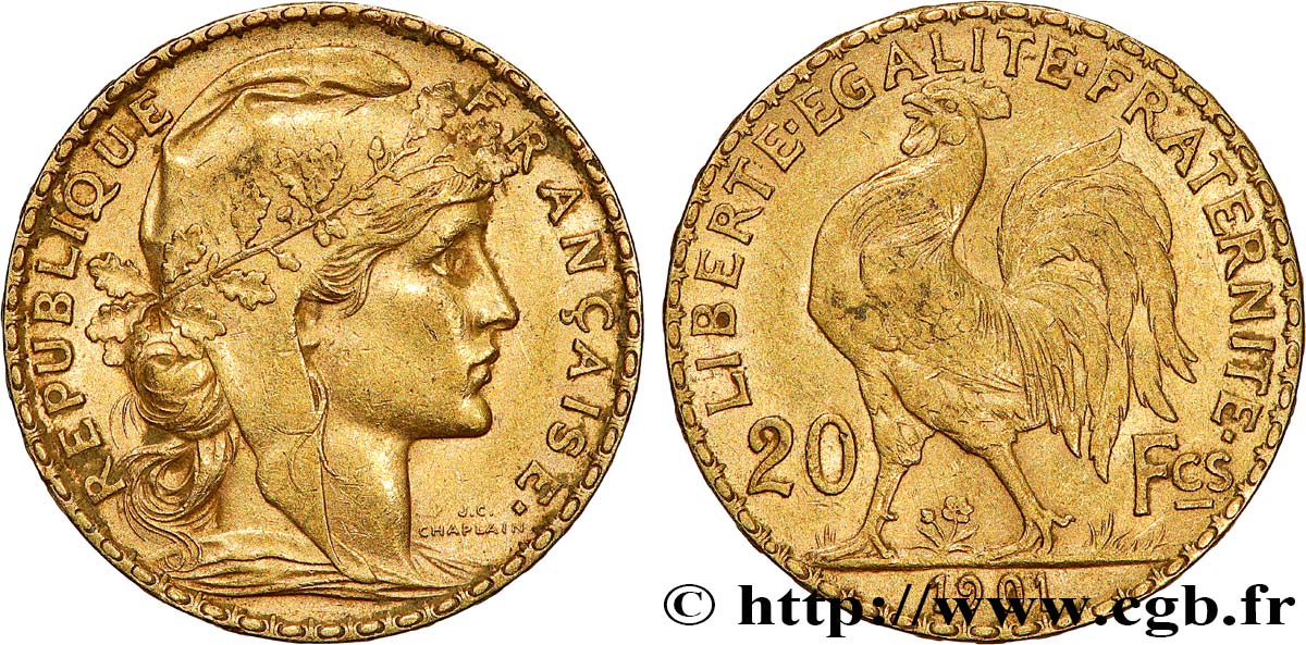 20 francs or Coq, Dieu protège la France 1901 Paris F.534/6 XF 