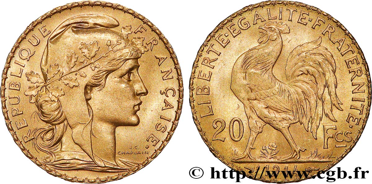 20 francs or Coq, Liberté Égalité Fraternité 1914 Paris F.535/8 MS 