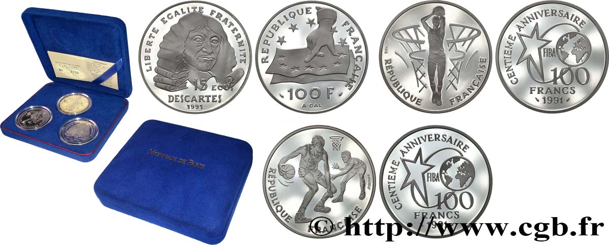 Coffret de trois monnaies Belle Épreuve 100 francs - Dribble - Lancer Franc - Descartes 1991 Paris F5.1616 1 ST 