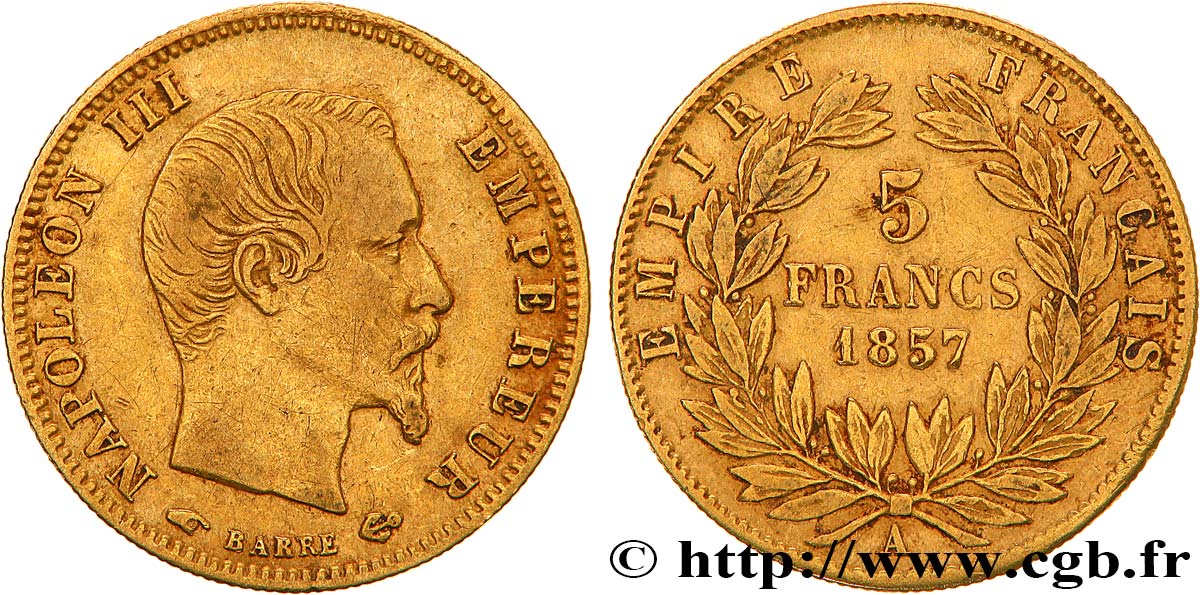 5 francs or Napoléon III, tête nue, grand module 1857 Paris F.501/4 q.BB 