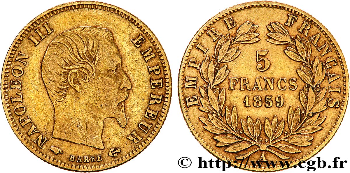 5 francs or Napoléon III, tête nue, grand module 1859 Paris F.501/7 BC 