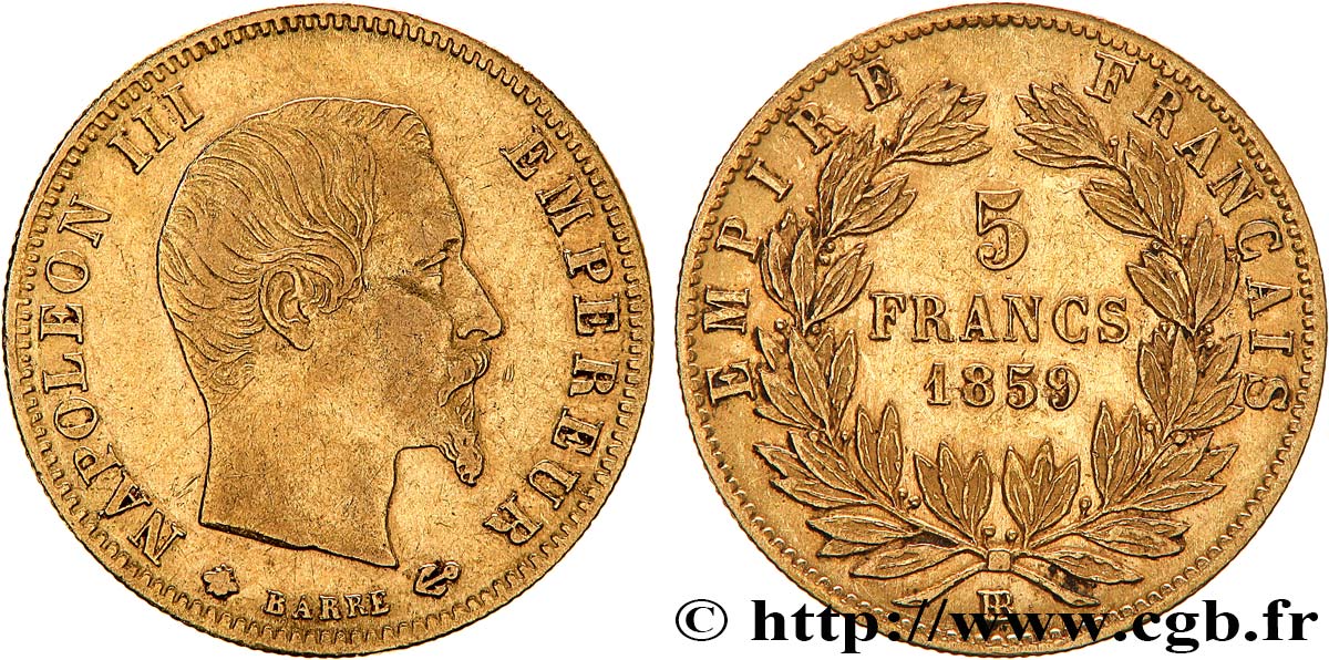 5 francs or Napoléon III, tête nue, grand module 1859 Strasbourg F.501/8 BB40 