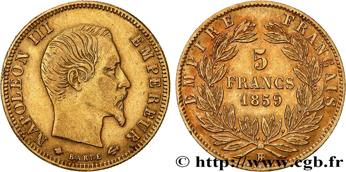5 francs or Napoléon III, tête nue, grand module 1859 Strasbourg F.501/8 XF40 
