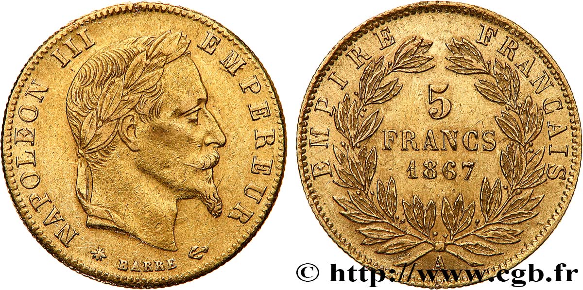 5 francs or Napoléon III, tête laurée 1867 Paris F.502/11 MBC/MBC+ 