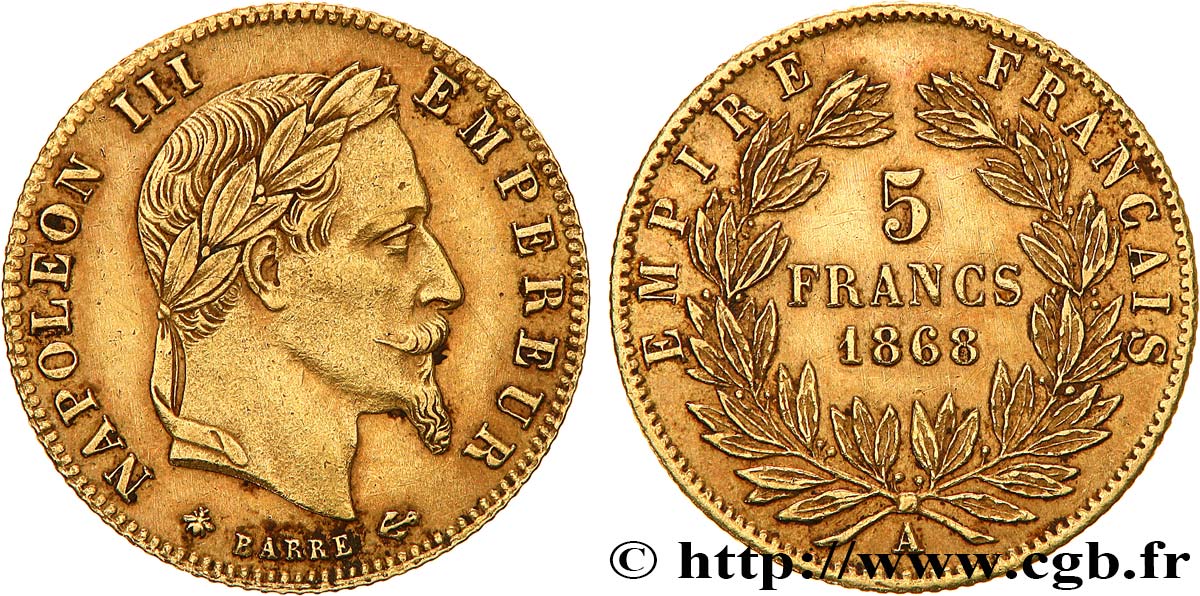 5 francs or Napoléon III, tête laurée 1868 Paris F.502/13 q.SPL 